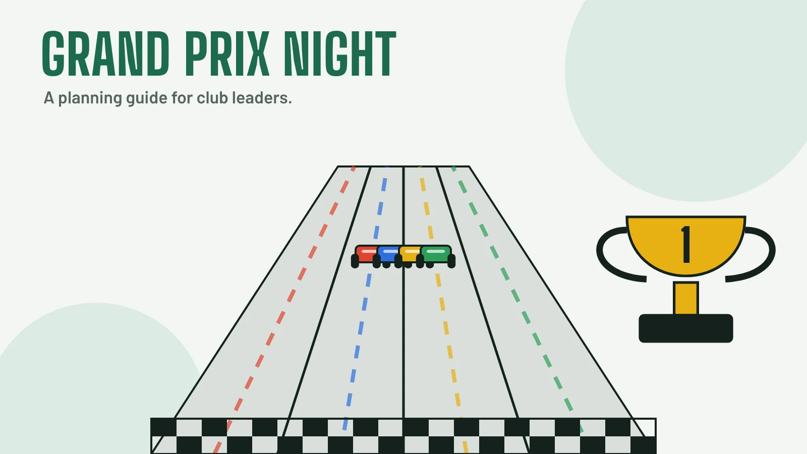 Families gathered around a wooden race track in a church fellowship hall during a Grand Prix night