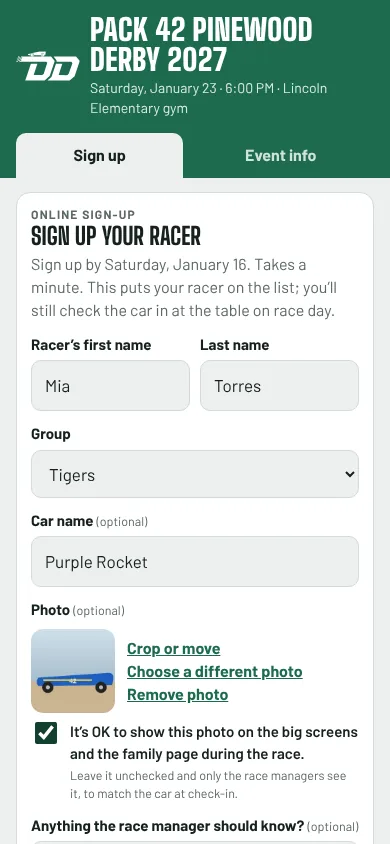 The online sign-up form on a phone, filled in with a racer's name, group, car name and a photo, with the box ticked to show the photo on the big screens.