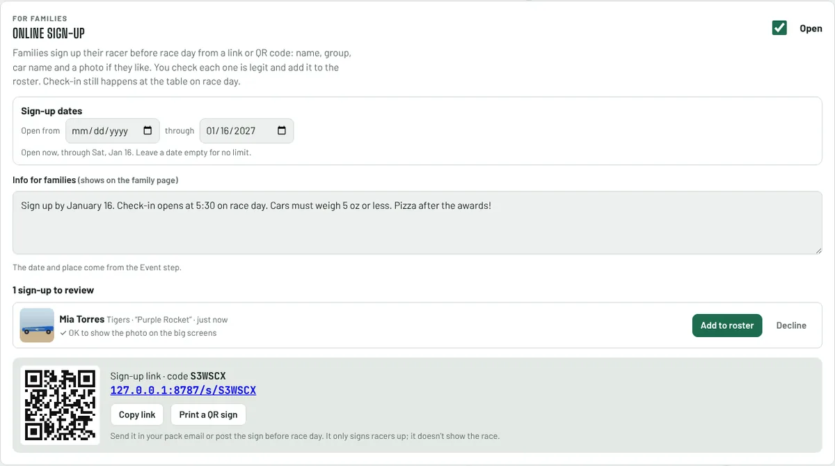 The Online sign-up panel with sign-up dates, a note for families, one sign-up waiting with Add to roster and Decline buttons, and the sign-up link with a QR code.