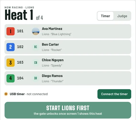 Heat 1 on the Race step with the Timer option selected and a Connect the timer button.